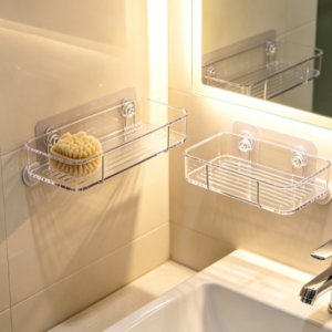 Two clear acrylic corner shelves with adhesive pads.