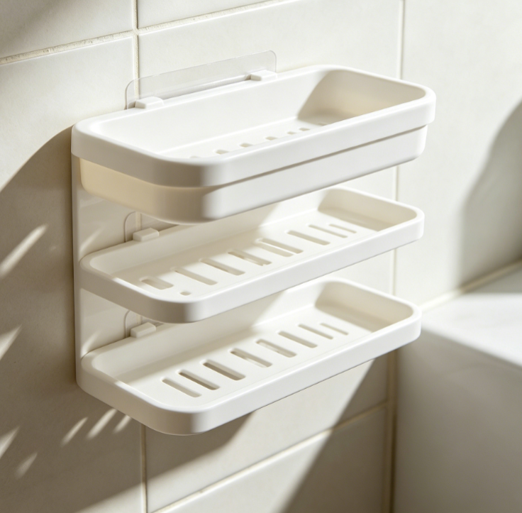 Single white plastic shelf with raised edge and adhesive backing.